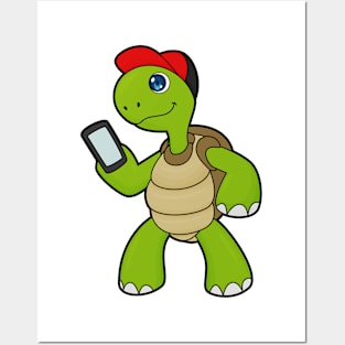 Turtle with Phone & Hat Posters and Art